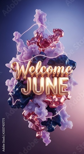 Welcome June floral arrangement with purple and white flowers.