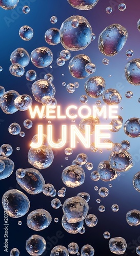Joyful celebration of June with vibrant confetti and balloon letters.