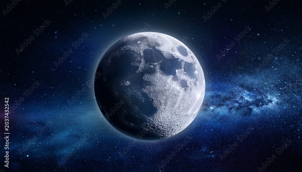 Fototapeta premium Moon On Dark Blue Night Sky Background Starry Universe Nebula And Galaxies With Noise And Grainy Selective Focus Earth S Moon Glowing On Black Background