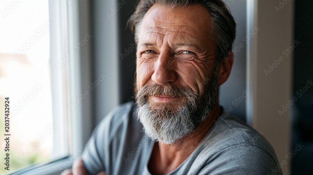 Obraz premium A mature man with weathered skin and gray beard smiles gently near a bright window in a clean home interior soft daylight highlighting natural wrinkles and facial texture