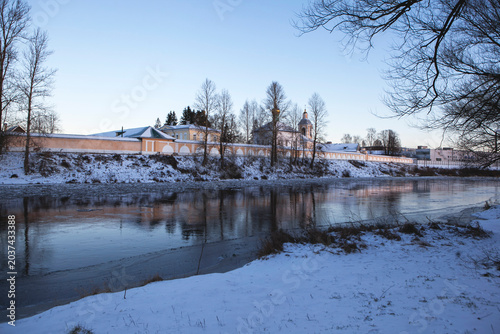 The Msta River and the Holy Spirit Jacob Borovichi Monastery. Borovichi, Novgorod Oblast, Russia