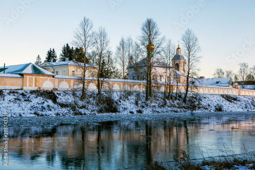 The Msta River and the Holy Spirit Jacob Borovichi Monastery. Borovichi, Novgorod Oblast, Russia