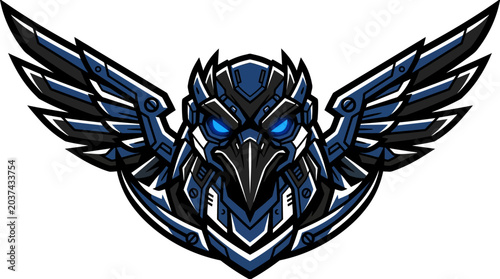 Cyberpunk Raven Mascot, Mechanical Bird Wings, Futuristic Raptor Emblem