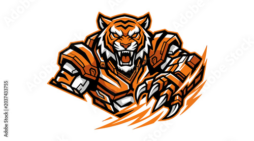 Fierce Robotic Tiger Mascot with Glowing Claws and Fire Effect