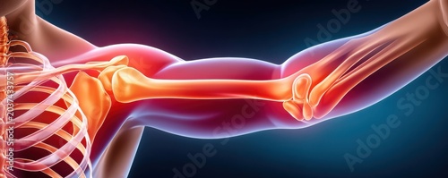 Illustration of human arm and elbow joint pain with inflamed anatomy and glowing inflammation