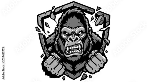 Aggressive Gorilla Breaking Through Shield Emblem, Fierce Ape Power Symbol