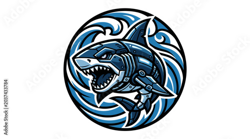 Robotic Shark with Fierce Expression, Surrounded by Stylized Blue Waves