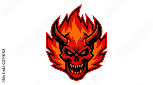 Fiery Demon Skull Logo with Horns and Flames - Scary Mascot Icon