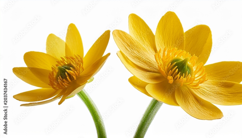 Obraz premium Two Flowers Of Marsh Marigold Isolated On White Background Kingcup