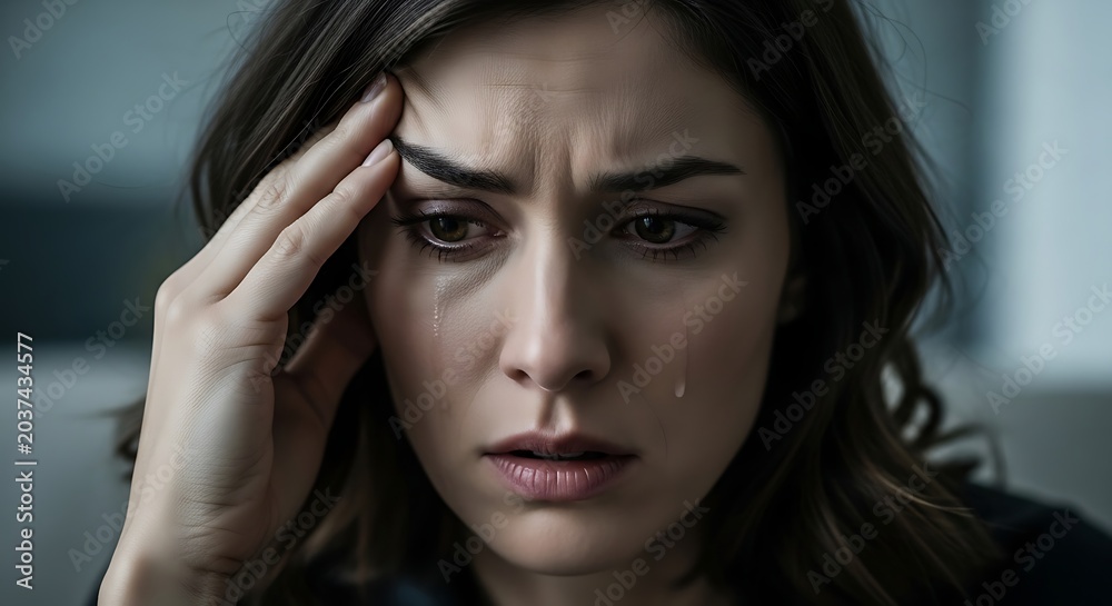 Fototapeta premium Sad woman crying with tears on her face and hand on forehead