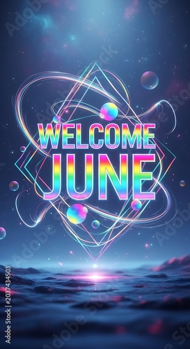 Welcome to June 2024 digital calendar graphic with cosmic theme.