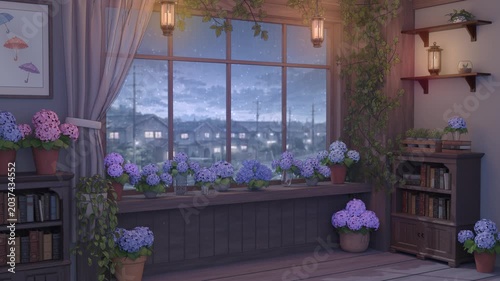 Hydrangea Room in the Rain – Daytime Anime-Style Looping Background Video 4K