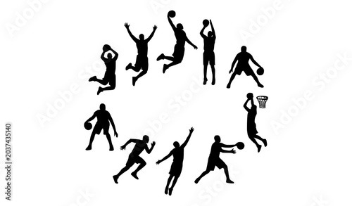 Bild auf Leinwand Professional basketball athlete black silhouette collection with dribbling dunk