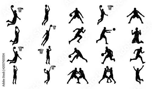 Quadro su tela Modern basketball player silhouette vector set with black sports action poses an