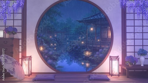 Rainy Japanese Garden Seen Through Round Window – Nighttime Anime-Style Looping Background Video 4K