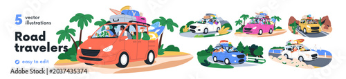 Happy families, friends travel by car, van set. People driving to sea, nature...