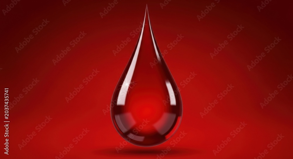 Fototapeta premium A single glossy red blood drop isolated against a deep red background