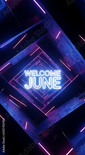 Blue neon welcome sign for June celebration event.