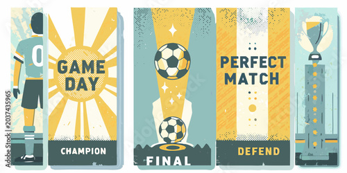Bild auf Leinwand Vintage Style Football Banners With Player Ball And Trophy Illustrations