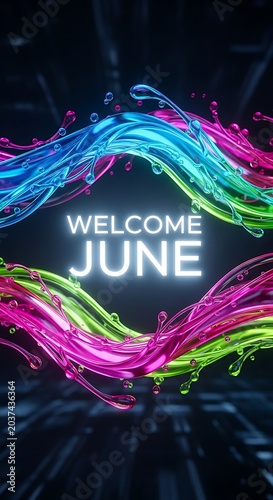 Vibrant neon welcome sign for June celebration with glowing lights.