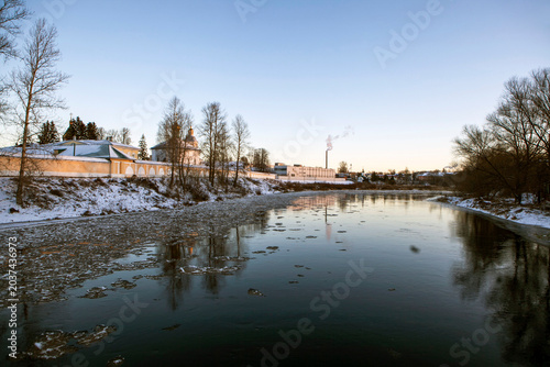 The Msta River and the Holy Spirit Jacob Borovichi Monastery. Borovichi, Novgorod Oblast, Russia