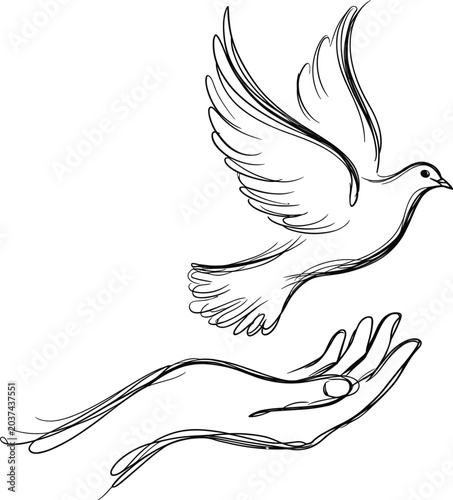 Continuous one line drawing of a flying dove bird symbol of peace and freedom. Editable stroke outline. Draw thin linear width. Single contour art. Doodle hand drawn vector illustration
