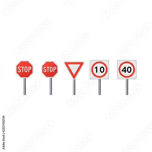Collection of Flat 2D Vector Road Signs and Traffic Icons on White