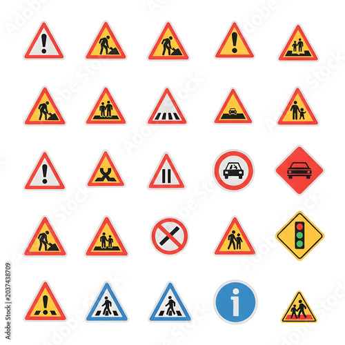 Vector Set of Flat 2D Traffic Warning and Information Signs