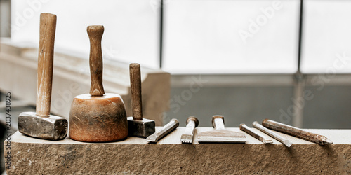 Photos still life with a lot of tools, used by a stone mason