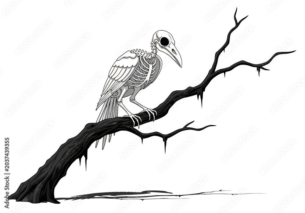 Obraz premium A skeletal bird perched on a gnarled dead tree branch.