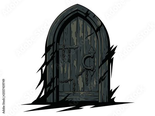 Gothic arched wooden door with iron ring knocker and dark shadows.