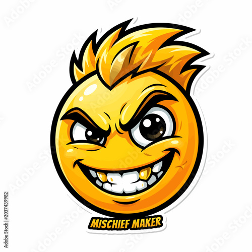 Photography Mischief Maker Emoji: Evil Grin, Spiky Hair, Cartoon Character Sticker