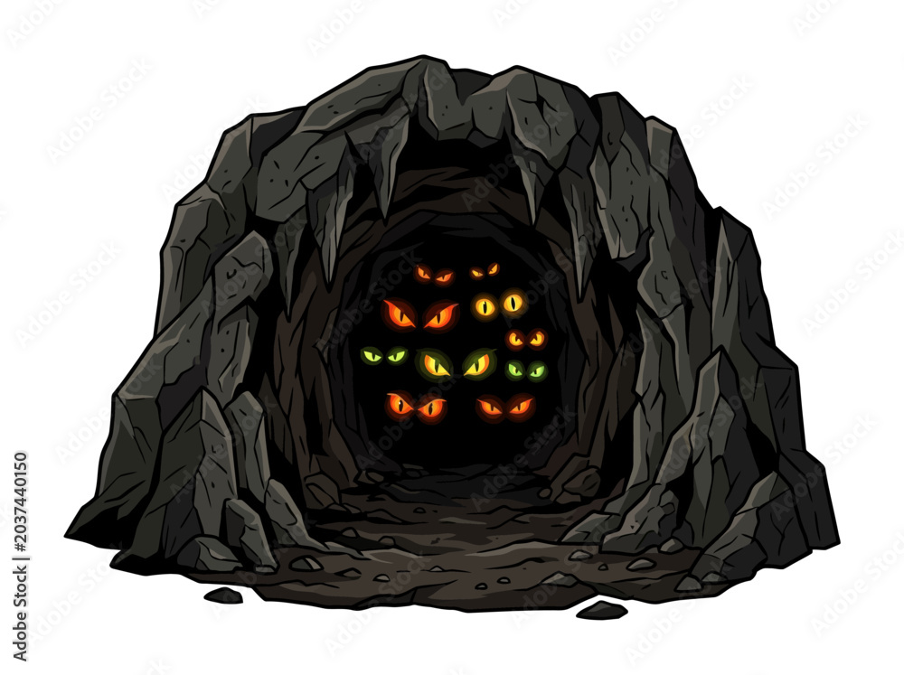 Fototapeta premium A dark rocky cave entrance filled with glowing eyes of hidden creatures.