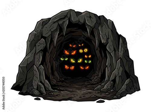 A dark rocky cave entrance filled with glowing eyes of hidden creatures.