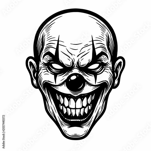 Photos Scary Clown Face, Horror Character, Evil Grin, Black and White Illustration