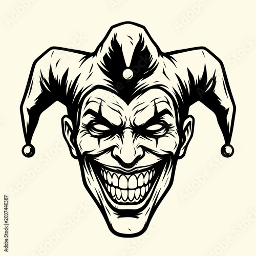 Fotografie Scary Joker Face Illustration, Evil Grin, Mad Jester, Dark Carnival, Horror Char