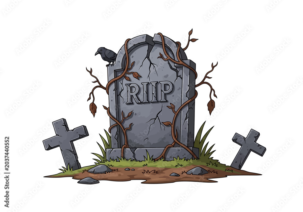 Obraz premium A weathered stone tombstone with a crow perched on top in a graveyard.