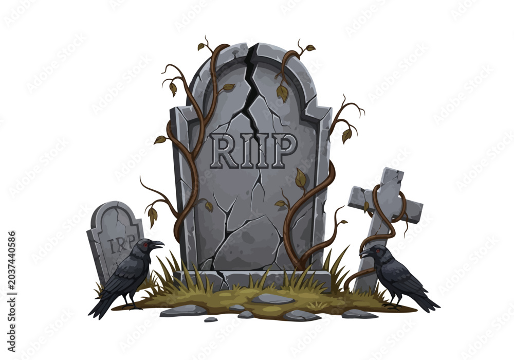 Obraz premium A spooky graveyard scene featuring a cracked tombstone and two black ravens.