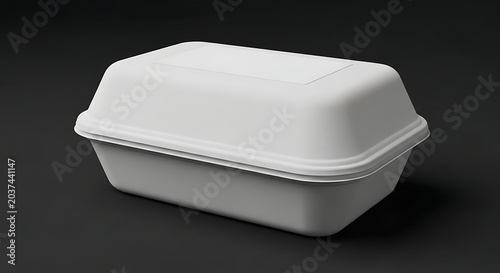 Isolated empty white disposable food takeaway container on black background for fast food packaging and delivery service