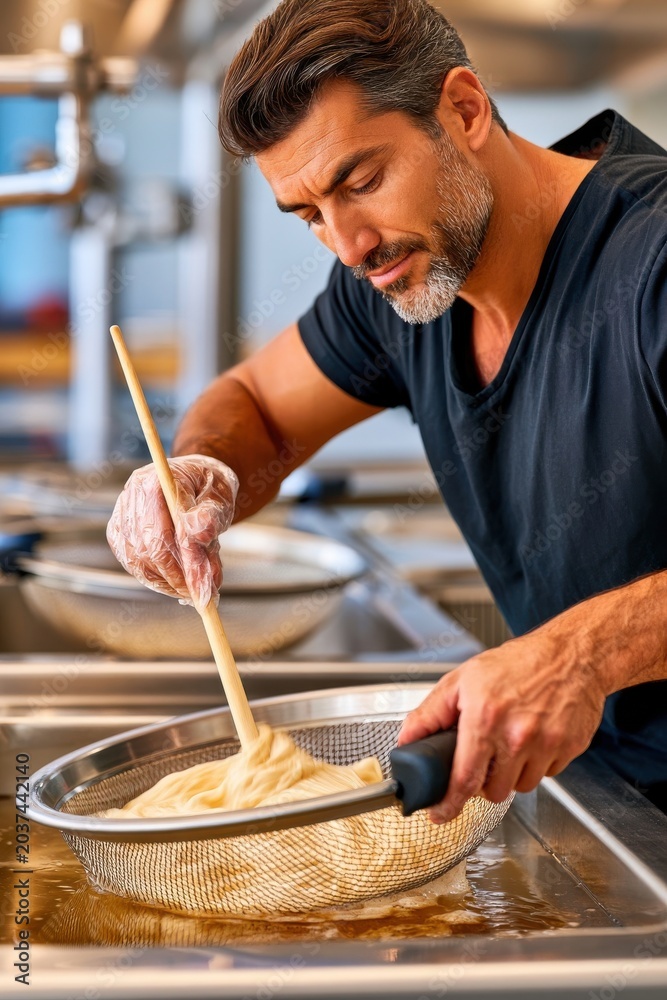 Fototapeta premium Man straining cooked pasta in a professional kitchen using a sieve and wooden spoon