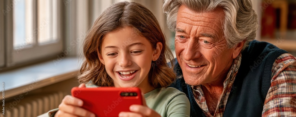 Obraz premium Grandfather and granddaughter sharing a joyful moment while looking at a smartphone together at home
