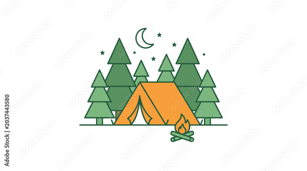 Fototapeta premium Camping adventure in forest with tent, campfire, moon and stars