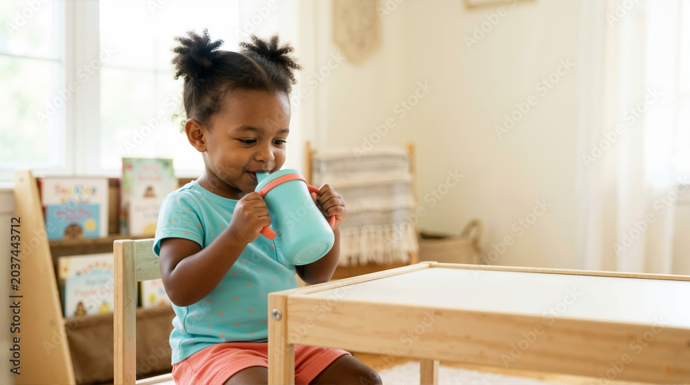 Fototapeta premium Young Black girl drinking from a teal sippy cup at a wooden table. Toddler learning independence and hydration at home. Childhood development and daily routine concept