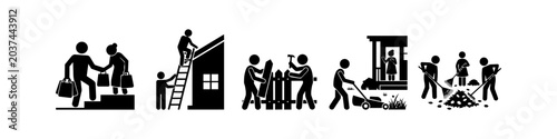 Canvas-taulu Vector icon set illustrating community service and neighborly help, including elderly care, home repairs, gardening, and teamwork for social support and volunteering