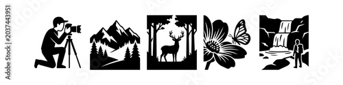 Foto Set of nature and outdoor adventure icons featuring a photographer, mountains, forest deer, butterfly on flower, and hiker at a waterfall