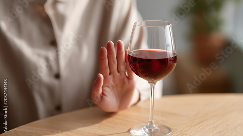 Person refuse red alcohol beverage, gesture no, hand reject drink from wine glass, concept of sobriety, healthy lifestyle choice and aversion