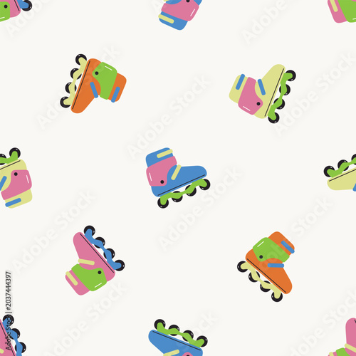 Seamless pattern with colorful roller skates. For posters, banners, books, printing on the pack, clothes, fabric, wallpaper, textile or dishes. Flat vector background.