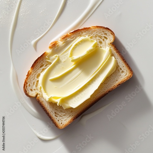 Slice of bread with creamy butter spread, simple breakfast food isolated on clean white background