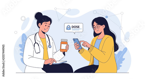 Doctor consulting patient about medication dose on mobile phone app