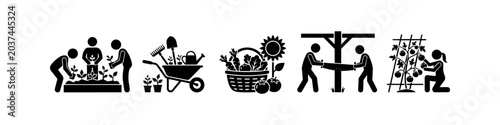 Quadro su tela A set of black and white minimalist icons depicting gardening and farming activities, such as planting, harvesting, woodworking, and using garden tools in a flat silhouette style